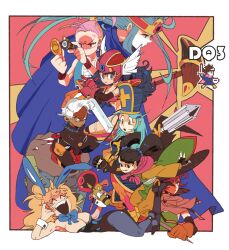  1990s_(style) 6+girls :d anger_vein animal_costume animal_ears antenna_hair aqua_hair armor bad_id bad_pixiv_id bikini_armor black_eyes blonde_hair blue_eyes bow bowtie breasts brown_hair cape cleavage copyright_name dark-skinned_female dark_skin dragon_quest dragon_quest_iii elbow_gloves fantasy fingerless_gloves gloves hair_ornament hat helm helmet jester_(dq3) jewelry jitome long_hair lying mace mage_(dq3) medium_breasts merchant_(dq3) microscope multiple_girls no_nose open_mouth orange_eyes pantyhose photoshop_(medium) pink_hair pixel_art playboy_bunny porch priest_(dq3) r_(random) rabbit_ears red_hair retro_artstyle ribbon sage_(dq3) smile soldier_(dq3) sword teeth thief_(dq3) twintails weapon white_hair winged_helmet witch_hat 