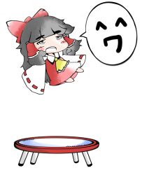  black_hair blush_stickers bow chibi commentary_request emoticon eyebrows female hairbow hakurei_reimu japanese_clothes open_mouth red_bow simple_background sleeves_past_wrists solo touhou trampoline white_background yofukashi 