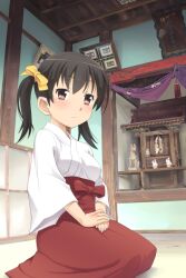  black_hair brown_eyes commentary_request female fox_statue japanese_clothes meow_(nekodenki) miko original room seiza short_twintails shrine sitting solo statue twintails 