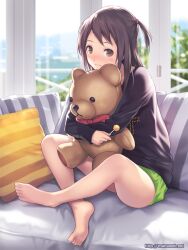  banned_artist bare_legs barefoot blush brown_hair candy couch crossed_legs doll_hug feet food ilog kuki_hitomi light_smile lollipop long_hair looking_at_viewer mana_kakkowarai official_art side_ponytail sitting soles solo stuffed_animal stuffed_toy sweater teddy_bear watermark web_address yellow_eyes 