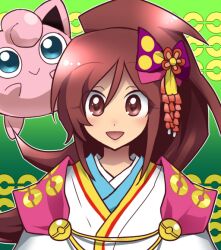  brown_hair commentary_request female fukumitsu_(kirarirorustar) jigglypuff long_hair looking_at_viewer nobunaga_no_yabou oichi_(sengoku_musou) open_mouth pokemon pokemon_(creature) pokemon_conquest sengoku_musou smile 