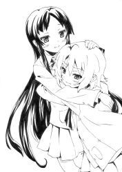  2girls akiyama_mio blush commentary_request greyscale hair_down hairband highres holding hug image_sample k-on! long_hair md5_mismatch monochrome multiple_girls nome_(nnoommee) open_mouth pixiv_sample sakuragaoka_high_school_uniform school_uniform short_hair shy simple_background tainaka_ritsu uniform unworn_hairband unworn_headwear 