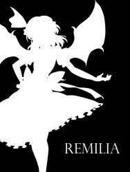  bad_id bad_pixiv_id bat_wings bow character_name dress female greyscale hat highres kitazinger monochrome photoshop_(medium) remilia_scarlet short_hair silhouette simple_background solo touhou wings 