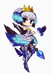  armor bare_shoulders bird blue_eyes boots chan_co chibi choker commentary_request crown dress female full_body gwendolyn_(odin_sphere) hair_ornament leg_wings low_wings multiple_wings odin_sphere photoshop_(medium) polearm short_hair solo spear strapless strapless_dress thigh_boots thighhighs weapon white_hair wings 