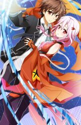  1boy bare_shoulders black_thighhighs brown_eyes brown_hair commentary_request detached_sleeves female glowing guilty_crown kurot long_hair open_mouth ouma_shuu pink_hair red_eyes thighhighs yuzuriha_inori 