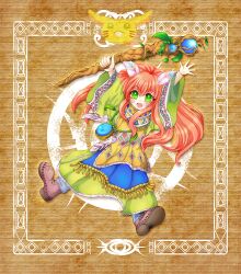  1other androgynous asuka_usagi bad_id bad_pixiv_id boots facepaint feather_hair_ornament feathers green_eyes hair_ornament long_hair oerba_yun_fang popoi_(seiken_densetsu_2) rabite_(seiken_densetsu) red_hair seiken_densetsu seiken_densetsu_2 solo staff tunic 