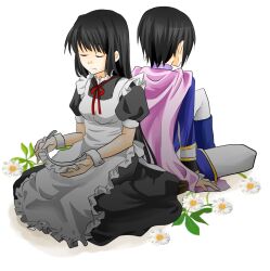  apron belt black_hair boots breasts cape closed_eyes dress earrings female frills jewelry leon_magnus long_hair maid maid_apron maid_headdress marian pants short_hair tales_of_(series) tales_of_destiny 