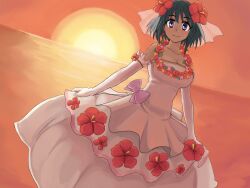  black_hair commentary_request dark-skinned_female dark_skin dress elbow_gloves female flower gloves hair_flower hair_ornament hibiscus idolmaster idolmaster_cinderella_girls natalia_(idolmaster) purple_eyes samo_(samodayo) smile solo sunset wedding_dress 