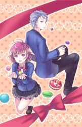  1boy :d bad_id bad_pixiv_id blue_hair bow brown_eyes female food fruit habataki_academy_school_uniform highres open_mouth photoshop_(medium) pink_hair polka_dot polka_dot_background protagonist_(tokimemo_gs3) red_eyes school_uniform shitara_seiji skirt smile strawberry tokimeki_memorial tokimeki_memorial_girl&#039;s_side_3rd_story unya_(unya-unya) 