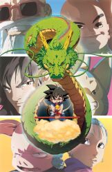  5boys bald black_hair blue_eyes blue_hair bulma_briefs chamba dragon dragon_ball dragon_ball_(classic) dragon_ball_(object) eastern_dragon facial_hair feline female flying_nimbus highres kuririn monkey_tail multiple_boys muten_roushi oolong open_mouth pig puar ruyi_jingu_bang shenron_(dragon_ball) smile son_goku source_request sunglasses tail teeth yamcha 