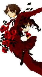  1boy aged_down bad_id bad_pixiv_id blue_eyes brown_hair facial_hair fate/zero fate_(series) father_and_daughter female flower formal goatee kuroihato lolicon long_hair red_flower red_rose rose suit tohsaka_rin tohsaka_tokiomi twintails 