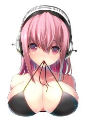  bad_id bad_pixiv_id bare_shoulders bikini bikini_in_mouth black_bikini breasts cleavage clothes_in_mouth female headphones hosato_mikine large_breasts long_hair mouth_hold nitroplus pink_eyes pink_hair simple_background solo string_bikini super_sonico swimsuit white_background 