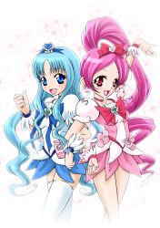  2girls arm_up bad_id bad_pixiv_id blue_eyes blue_hair blue_skirt blush bow brooch choker cure_blossom cure_marine eyelashes flower hair_ornament hairbow hairpin hanasaki_tsubomi heart heart_brooch heartcatch_precure! high_ponytail highres jewelry kurumi_erika long_hair magical_girl multiple_girls nekozaki_nao pink_bow pink_choker pink_eyes pink_hair ponytail precure ribbon skirt smile thighhighs white_background white_thighhighs wrist_cuffs zettai_ryouiki 