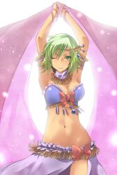  arms_up breasts commentary_request dark-skinned_female dark_skin female green_eyes green_hair idolmaster idolmaster_cinderella_girls jewelry jimi medium_breasts midriff natalia_(idolmaster) navel one_eye_closed purple_sarong sarong short_hair solo 