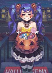  bare_shoulders bat_hair_ornament black_cat black_gloves blue_hair blush brown_eyes candy candy_cane choker commentary_request elbow_gloves feline female food frills gloves gonster grin hair_ornament halloween holding holding_food holding_pumpkin holding_vegetable house jack-o&#039;-lantern jack-o&#039;-lantern_hair_ornament lamppost lollipop long_hair mailbox_(incoming_mail) naughty_face night night_sky original pavement photoshop_(medium) pumpkin skirt sky smile solo striped_clothes striped_thighhighs teeth thighhighs trick-or-treating twintails vegetable zettai_ryouiki 