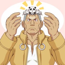  1boy :3 animal animal_on_head artist_request blush closed_mouth coat collar collarbone commentary_request cross-eyed dark-skinned_male dark_skin frown fullmetal_alchemist grey_hair hands_up jewelry long_sleeves male_focus on_head panda pectoral_cleavage pectorals red_eyes ring scar scar_(fma) sho_(432054) upper_body white_hair xiao-mei 