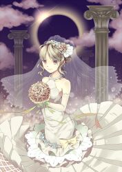  architecture bad_id bad_pixiv_id bare_shoulders blonde_hair bouquet bow cloud column dress eclipse elbow_gloves female flower gloves greco-roman_architecture hair_flower hair_ornament holding jewelry necklace original pillar solar_eclipse solo unya_(unya-unya) veil wedding_dress white_gloves yellow_eyes 