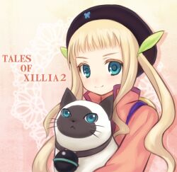  :&lt; animal bad_id bad_pixiv_id black_hat blonde_hair blue_eyes copyright_name elle_mel_martha feline female hat long_hair photoshop_(medium) ribbon rollo_(tales) shiny_merry-go-round solo tales_of_(series) tales_of_xillia tales_of_xillia_2 twintails 