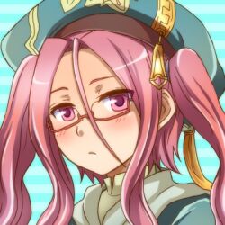  blush commentary_request drop_(rune_factory) expressionless female glasses hat kiyune_(kiyune_00) long_hair lowres photoshop_(medium) pink_eyes pink_hair portrait red-framed_eyewear rune_factory rune_factory_frontier semi-rimless_eyewear simple_background solo twintails under-rim_eyewear 