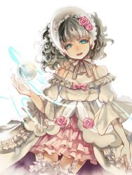  bonnet commentary_request dress dress_flower female flower garter_straps hair_flower hair_ornament junketsu_duelion lolita_fashion looking_at_viewer official_art open_mouth orb pink_flower pink_rose rifsom rose simple_background smile solo sweet_lolita thighhighs white_background yuzuki_kotori 