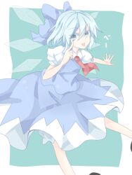  akanbe bad_id bad_pixiv_id blue_bow blue_eyes blue_hair blue_skirt blue_vest bow cirno collared_shirt detached_wings eyelid_pull feet_out_of_frame female hairbow kuromari_(runia) puffy_short_sleeves puffy_sleeves red_neckwear shirt short_hair short_sleeves skirt solo tongue tongue_out touhou vest white_shirt wings 