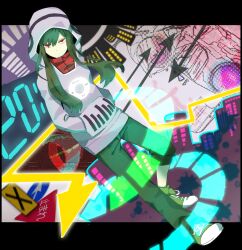  bad_id bad_pixiv_id casual female green_hair hands_in_pocket hood hoodie jitter-bug-008 kagerou_project kido_tsubomi letterboxed long_hair looking_at_viewer mekakushi_code_(vocaloid) red_eyes shoes solo vocaloid 