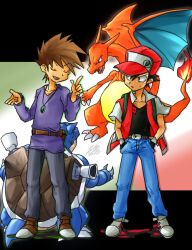  2boys bad_id bad_pixiv_id baseball_cap belt black_eyes black_hair black_pants black_shirt blastoise blue_oak blue_pants brown_belt brown_hair charizard claws closed_eyes commentary_request fire full_body gloves hands_in_pockets hat high_collar index_finger_raised jacket long_hair looking_at_another multiple_boys open_clothes open_jacket open_mouth outstretched_hand pants piu pokemon pokemon_(creature) pokemon_rgby purple_shirt red_(pokemon) shirt short_hair short_sleeves standing very_long_hair wings 