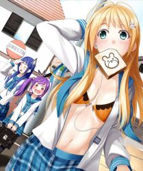  3girls bad_id bad_pixiv_id blonde_hair blue_hair blush bra breasts bus_stop cleavage commentary_request digital_media_player earphones hair_ornament ipod ipod_nano kinugasa_yuuichi long_hair medium_breasts mouth_hold multiple_girls navel open_bra open_clothes open_shirt original purple_hair school_uniform serafuku shirt side_ponytail underwear unzipped zipper 