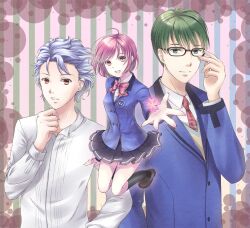  2boys :d bad_id bad_pixiv_id blue_hair bow circle_skirt female glasses green_eyes green_hair habataki_academy_school_uniform konno_tamao multiple_boys open_mouth photoshop_(medium) pink_eyes pink_hair protagonist_(tokimemo_gs3) red_eyes school_uniform shitara_seiji skirt smile striped striped_background tokimeki_memorial tokimeki_memorial_girl&#039;s_side_3rd_story unya_(unya-unya) vertical_stripes 