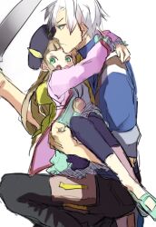  1boy brown_hair brownm_hair coat elle_mel_martha female green_eyes hat ludger_will_kresnik necktie open_mouth tales_of_(series) tales_of_xillia tales_of_xillia_2 white_hair 