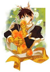  1boy bandana blue_eyes brown_hair commentary_request flower food fruit gloves houshin_engi male_focus peach photoshop_(medium) solo taikoubou yooani 