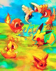  :o bad_id bad_pixiv_id battle bird blue_sky brown_eyes charmander chibi dragonite eevee electricity eye_contact flame-tipped_tail flying ho-oh looking_at_another lugia minimized no_humans pokemon pokemon_(creature) red_eyes scared shizuku_(asanuma) sitting sky standing sweatdrop 