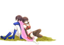  1boy black_hair boots breasts brother_and_sister cape choker elbow_gloves female gloves leon_magnus midriff navel pants rutee_katrea shoes siblings sleeping tales_of_(series) tales_of_destiny thighhighs 