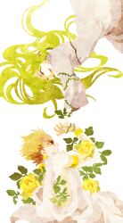  2boys bad_id bad_pixiv_id blonde_hair enkidu_(fate) fate/strange_fake fate/zero fate_(series) flower gilgamesh_(fate) green_eyes green_hair kuroihato light_green_hair long_hair male_focus multiple_boys plant red_eyes robe rose thorns toga vines yellow_flower yellow_rose 