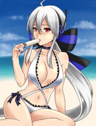  beach bikini bow breasts cleavage commentary_request day female food hairbow headphones headset kirita_asami long_hair microphone popsicle red_eyes solo striped_bow swimsuit very_long_hair vocaloid white_hair yowane_haku 