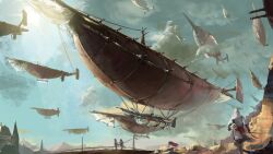  1boy aircraft airship altair_ibn_la-ahad assassin&#039;s_creed assassin&#039;s_creed_(series) building cloud commentary_request dirigible gauntlets highres hood male_focus photoshop_(medium) pixiv_fantasia pixiv_fantasia_sword_regalia sash scenery sky vehicle_focus walking yama_(pixiv) 