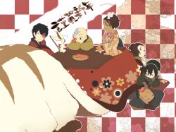  3boys 3girls ^^^ aang appa avatar:_the_last_airbender avatar_legends bald black_hair checkered_background chibi commentary_request dark_skin dragon eating facial_mark flower food fruit hair_flower hair_ornament japanese_clothes katara kimono knknknk kotatsu looking_back momo_(avatar) multiple_boys multiple_girls open_mouth orange_(fruit) pillow scar sleeping smile sokka suki_(avatar) table tatami toph_bei_fong updo zuko 