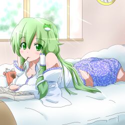  :3 arm_support bad_id bad_pixiv_id bare_shoulders bed bedroom breasts cleavage detached_sleeves female food frog frog_hair_ornament fueiku green_eyes green_hair hair_ornament indoors kochiya_sanae large_breasts long_hair looking_at_viewer lying manga_(object) mouth_hold on_stomach pocky snake solo touhou 