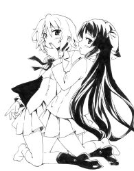  2girls akiyama_mio blush commentary_request greyscale hair_down hairband hime_cut holding hug k-on! long_hair monochrome multiple_girls nome_(nnoommee) open_mouth sakuragaoka_high_school_uniform school_uniform short_hair shy simple_background tainaka_ritsu uniform unworn_hairband unworn_headwear 