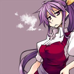  cigarette commentary_request female hair_ribbon hemogurobin_a1c long_hair ponytail purple_eyes purple_hair ribbon sidelocks smoking solo touhou upper_body very_long_hair watatsuki_no_yorihime 