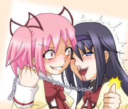  2girls akemi_homura black_hair blood blush chains collar commentary_request crazy_eyes evil_grin evil_smile female_pervert femdom grin happy hayashiya_zankurou kaname_madoka long_hair mahou_shoujo_madoka_magica mahou_shoujo_madoka_magica_(anime) masochism mitakihara_school_uniform multiple_girls nosebleed pervert pink_eyes pink_hair purple_eyes school_uniform smile thumbs_up twintails wince yuri 