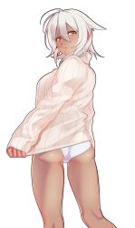  ass bad_id bad_pixiv_id clothes_tug dark-skinned_female dark_skin female highres no_pants noriyoshi orange_eyes original panties parted_lips ribbed_sweater short_hair simple_background solo sweater sweater_tug underwear unko_man white_background white_hair white_panties 