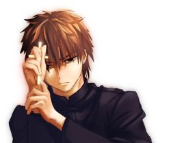  1boy black_eyes brown_hair commentary_request cross empty_eyes fate/zero fate_(series) holding holding_cross kotomine_kirei male_focus ryu-ka solo 