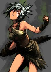  bandages bare_shoulders broken broken_sword broken_weapon commentary english_commentary ergot facepaint female folded_ponytail gloves highres league_of_legends red_eyes riven_(league_of_legends) solo sword weapon white_hair 