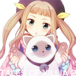  :o animal ayamisiro bell black_hat blonde_hair blue_eyes blush brown_hair collar commentary_request copyright_name elle_mel_martha feline female grey_eyes hat long_hair neck_bell photoshop_(medium) ribbon rollo_(tales) solo tales_of_(series) tales_of_xillia tales_of_xillia_2 twintails 