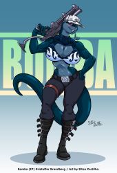  2012 anthro avoid_posting belt big_breasts blue_body blue_eyes blue_tongue bomba_(krillos) boots bottomwear breasts claws cleavage clothed clothing curvy_figure eltonpot female footwear green_eyes grenade_launcher gun hat headgear headwear hi_res komodo_dragon lizard long_tongue looking_at_viewer monitor_lizard muscular muscular_female pants ranged_weapon reptile rifle scalie scar smile solo standing tattoo tight_clothing tongue tongue_out voluptuous weapon wide_hips 