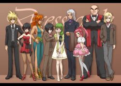  bald bare_shoulders black_hair blue_eyes bow bowtie bracelet braid brown_background chelsea_torn choker dress earrings flower formal frills glasses gloves green_hair high_heels jewelry johnny_shiden lazy_rabbit leon_magnus long_hair mary_argent mighty_kongman necklace necktie open_shoes orange_hair pants pantyhose philia_felice pink_hair ponytail purple_eyes red_eyes rose rutee_katrea scarf shoes short_hair skirt smile stahn_aileron suit tales_of_(series) tales_of_destiny thighhighs white_hair woodrow_kelvin zettai_ryouiki 