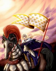  absurdres armor armored_dress bad_id bad_pixiv_id barding blonde_hair braid cape commentary_request fate/apocrypha fate/zero fate_(series) female flag fleur-de-lis headpiece highres horse horseback_riding jeanne_d&#039;arc_(fate) jeanne_d&#039;arc_(ruler)_(fate) long_hair purple_eyes riding single_braid solo untue very_long_hair 