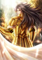  1boy absurdres alternate_hairstyle armor bad_id bad_pixiv_id black_hair cape gemini_saga gold_armor gold_saint highres long_hair looking_at_viewer looking_back male_focus odawara_ai photoshop_(medium) purple_eyes saint_seiya solo 