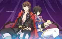  2boys belt black_eyes black_hair boots cape coat commentary_request food frown grin in-franchise_crossover leon_magnus long_hair male_focus multiple_boys pants pudding purple_background purple_eyes red_cape smile tales_of_(series) tales_of_destiny tales_of_vesperia yogura yuri_lowell 